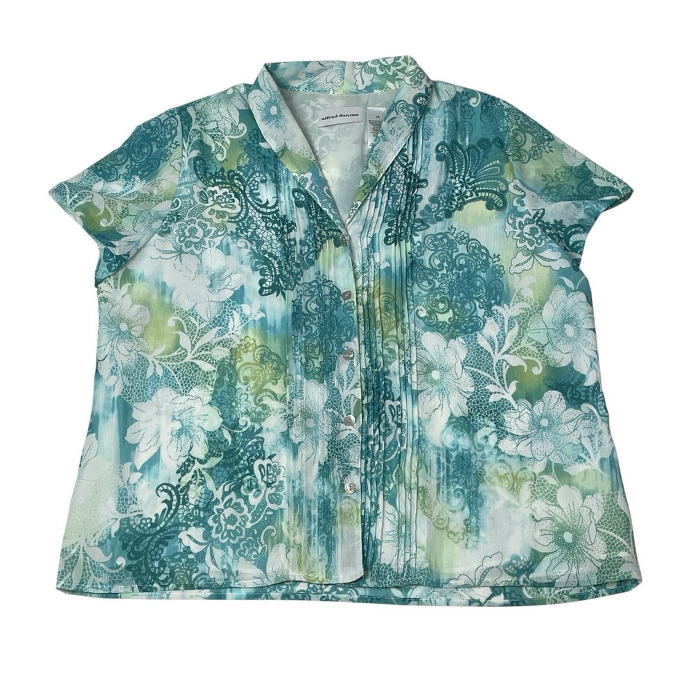 Alfred Dunner Floral Blouse Womens 18 Green Blue Cottagecore Button Top